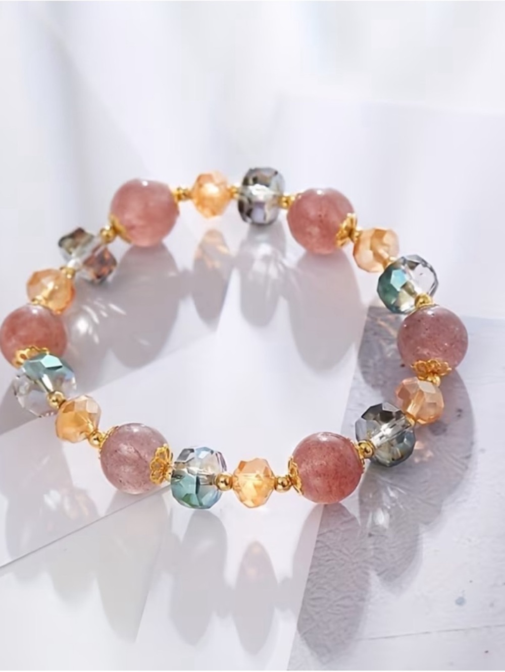 Strawberry Quartz & Faceted Crystal Stretch Bracelet - Pink/Gold